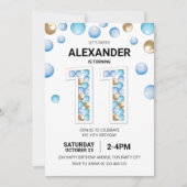 11e verjaardagsfeestje, blauwe en gouden ballon jo kaart (Voorkant)