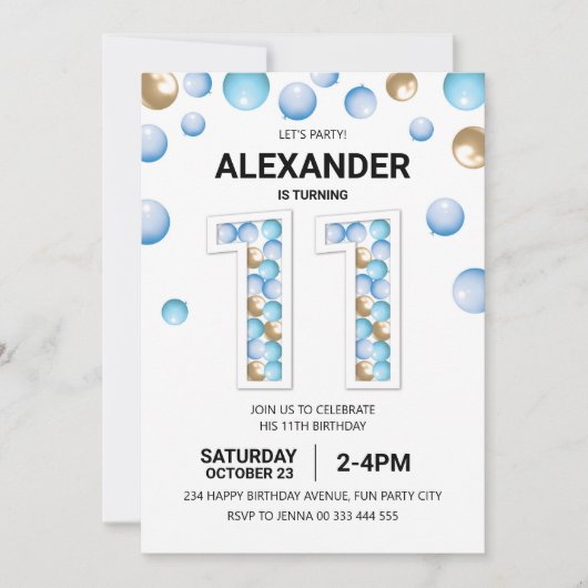 11e verjaardagsfeestje, blauwe en gouden ballon jo kaart (Voorkant)
