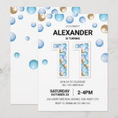 11e verjaardagsfeestje, blauwe en gouden ballon jo kaart (Voorkant / Achterkant)