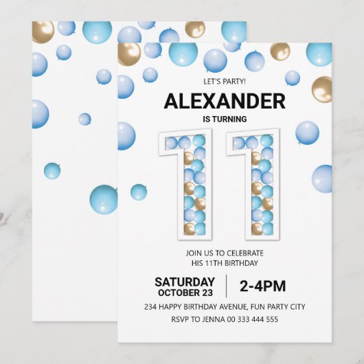 11e verjaardagsfeestje, blauwe en gouden ballon jo kaart (Voorkant / Achterkant)