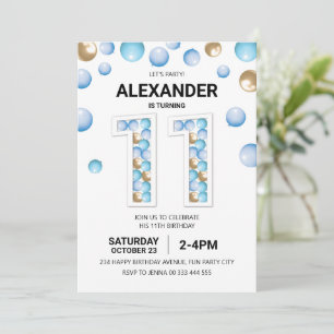 11e verjaardagsfeestje, blauwe en gouden ballon jo kaart