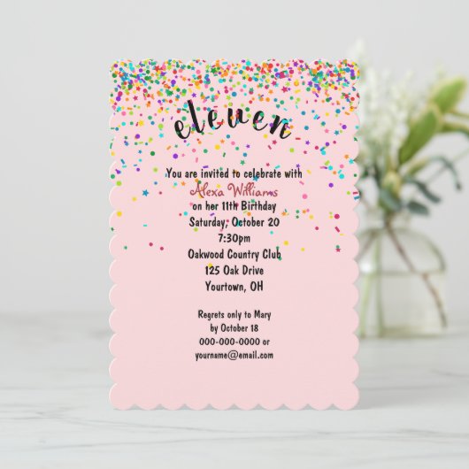 11e verjaardagsfeestje confetti uitnodiging (Staand voorkant)