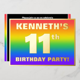 11e verjaardagsfeestje: leuk, kleurrijk regenboogp folie uitnodiging