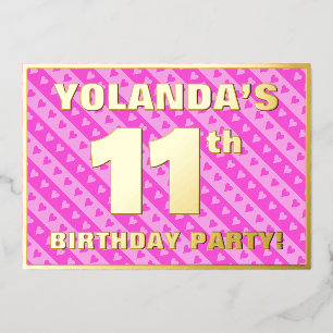 11e verjaardagsfeestje — Leuke roze harten en stre Folie Uitnodiging