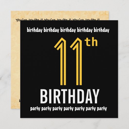 11e verjaardagsfeestje Modern Goud en Zwart Kaart (Voorkant / Achterkant)