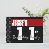 11e verjaardagsfeestje Modern Rood Zwart en Wit Kaart (Staand voorkant)