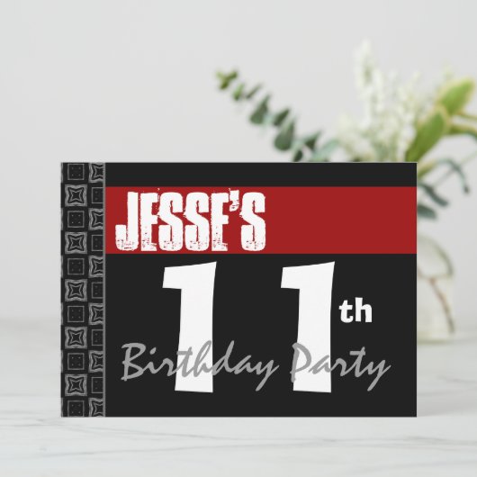 11e verjaardagsfeestje Modern Rood Zwart en Wit Kaart (Staand voorkant)