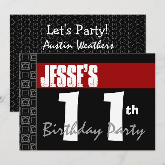 11e verjaardagsfeestje Modern Rood Zwart en Wit Kaart (Voorkant / Achterkant)