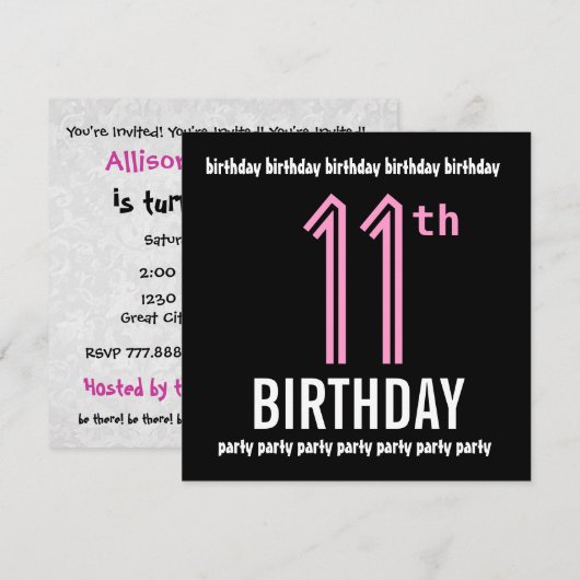 11e Verjaardagsfeestje Modern Zwart en Kleurnummer Kaart (Voorkant / Achterkant)