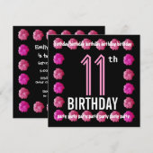 11e verjaardagsfeestje roze bloemen voor haar w762 kaart (Voorkant / Achterkant)