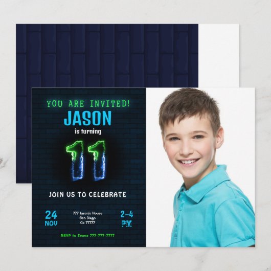 11e verjaardagsfoto uitnodiging voor jongen (Voorkant / Achterkant)