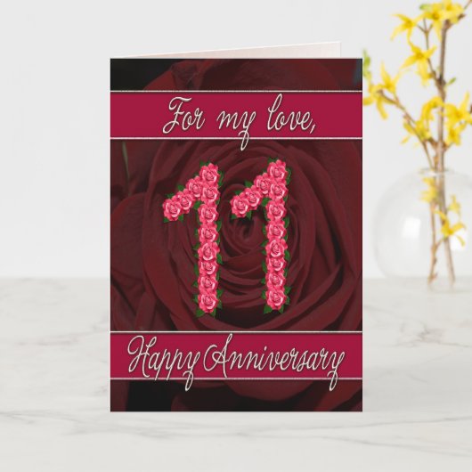 11e verjaardagskaart met rozen en bladeren kaart (Gele Bloem)