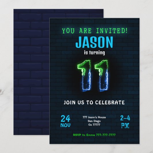 11e verjaardagsuitnodiging voor jongen kaart (Voorkant / Achterkant)