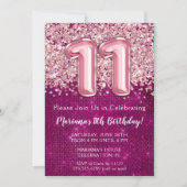 11th Birthday Invitation Girl Magenta Pink Glitter Kaart (Voorkant)