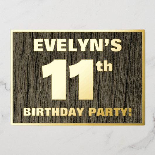 11th Birthday Party: Bold, Faux Wood Grain Pattern Folie Uitnodiging (Voorkant)