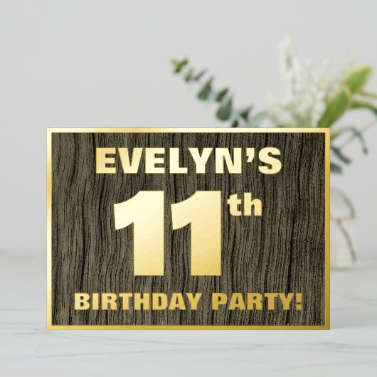 11th Birthday Party: Bold, Faux Wood Grain Pattern Folie Uitnodiging (Staand Voorkant)