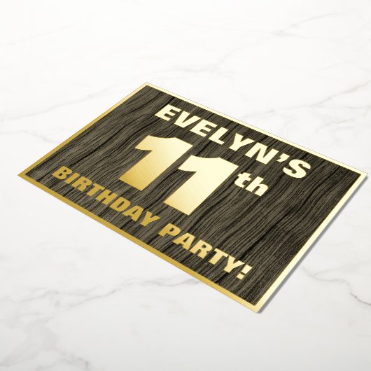 11th Birthday Party: Bold, Faux Wood Grain Pattern Folie Uitnodiging (Gedraaid)