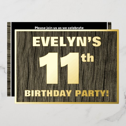 11th Birthday Party: Bold, Faux Wood Grain Pattern Folie Uitnodiging (Voorkant / Achterkant)