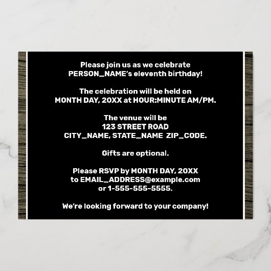 11th Birthday Party: Bold, Faux Wood Grain Pattern Folie Uitnodiging (Achterkant)