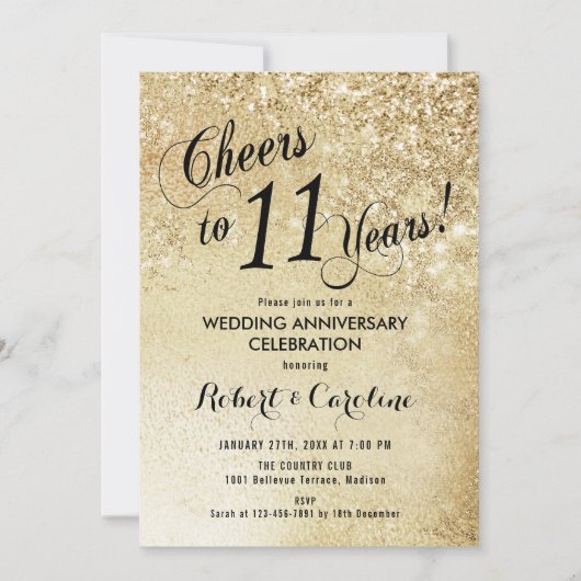 11th Wedding Jubileum Gold Invitation Kaart (Voorkant)