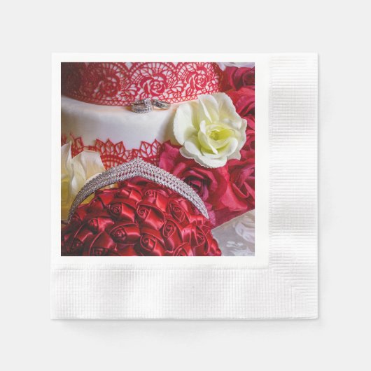 1242 - Trouwtaart, boeket en ringen Servet (Voorkant)