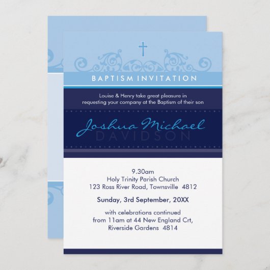 125 suzi CUSTOM BAPTISM INVITE elegant marineblauw Kaart (Voorkant / Achterkant)