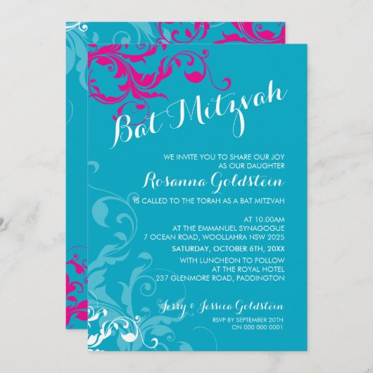 128-marnie BAT MITZVAH bloeit turquoise roze Kaart (Voorkant / Achterkant)
