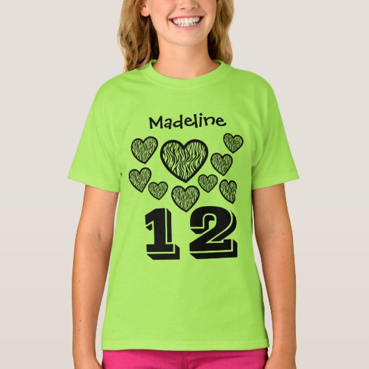 12 Birthday Girl Hearts Big Number Aangepaste naam T-shirt (Voorkant)