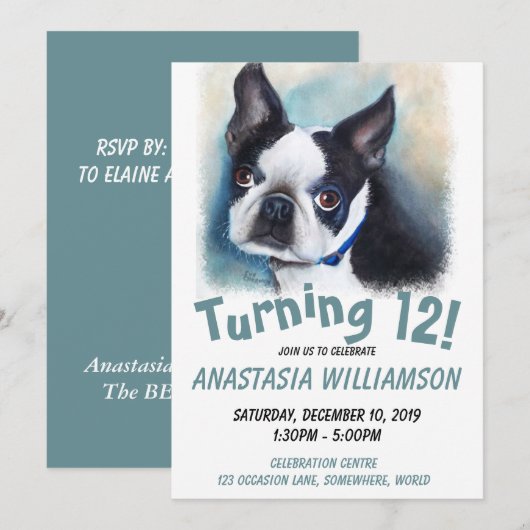 12 Boston Terrier Invite Kaart (Voorkant / Achterkant)