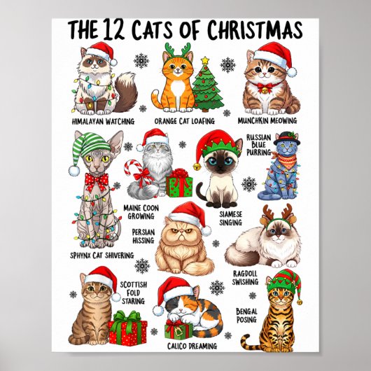 12 Cats Of Christmas Funny Xmas Cat Lover Holiday  Poster (Voorkant)