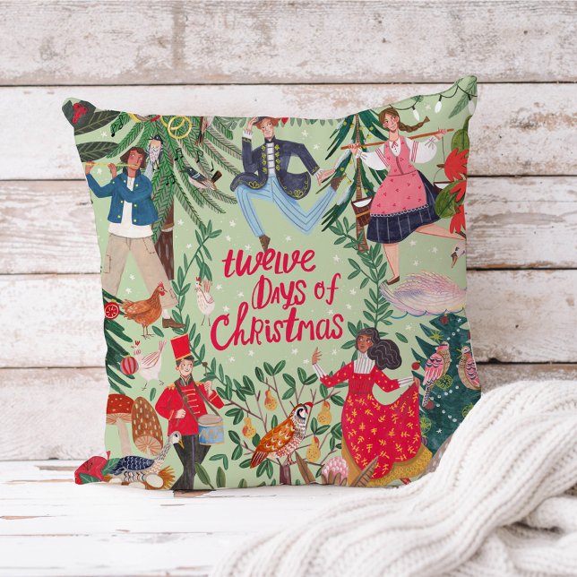 12 dagen kerst groene traditionele klassieker kussen (twelve Days of Christmas green traditional throw pillow)