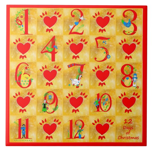 12 dagen kerstfolk-kunst met hart op goud tegeltje (Voorkant)