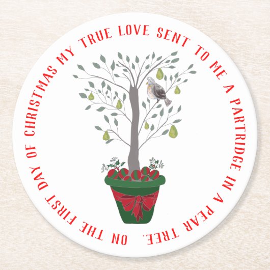 12 dagen kerstpatrijs in een perenboom ronde kartonnen onderzetter (Voorkant)