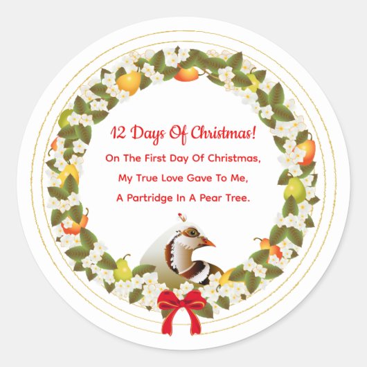 12 dagen kerstpatrijs in een perenboom ronde sticker (Voorkant)
