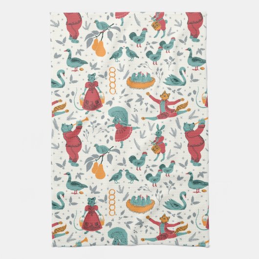 12 dagen van Kerstmis Folk Art Animal Blue Theedoek (Verticaal)