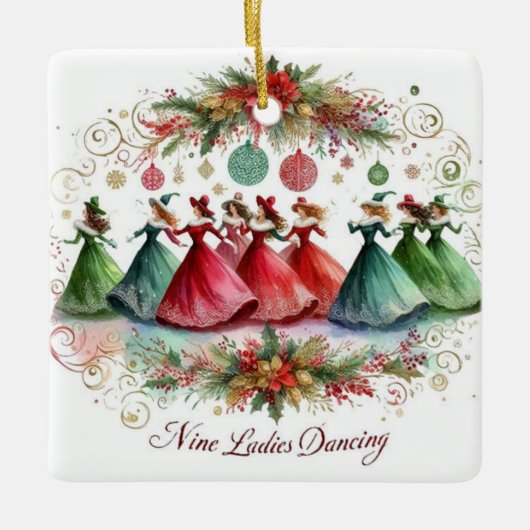 12 Dagen van Kerstmis Negen Vrouwen Dansen Keramisch Ornament (Voorkant)