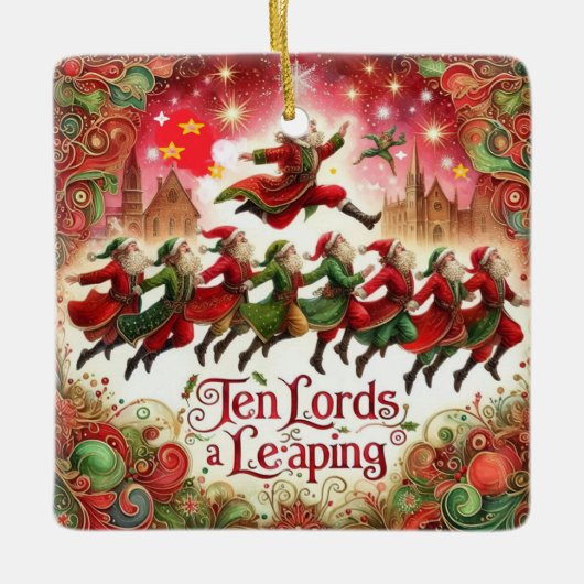 12 Dagen van Kerstmis Tien Heren een Leaping Keramisch Ornament (Voorkant)