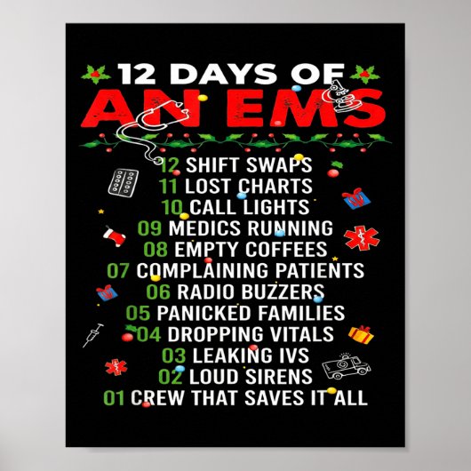 12 Days Of An Ems Emt Icu Nurse Christmas Xmas Fun Poster (Voorkant)