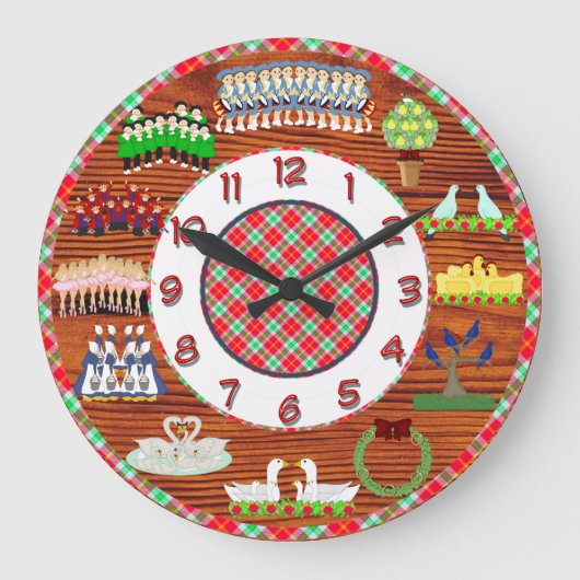 12 days of christmas clock wood and plaid grote klok (Voorkant)