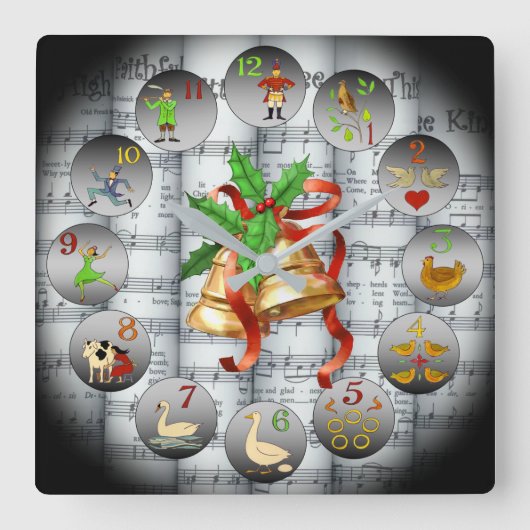 12 Days Of Christmas ~Sheet Music~Christmas Bells~ Vierkante Klok (Voorkant)