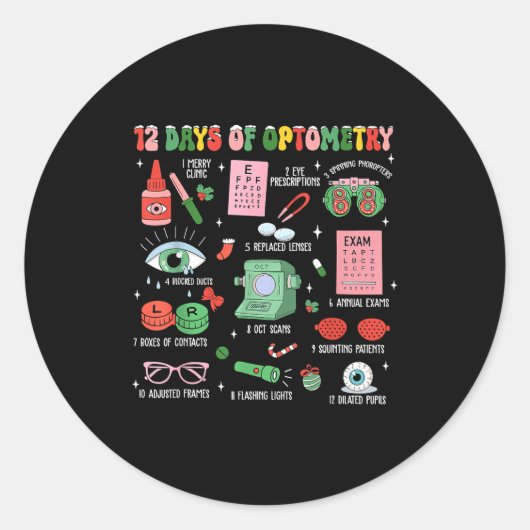 12 Days Of Optometry Christmas Eye Doctor Optometr Ronde Sticker (Voorkant)