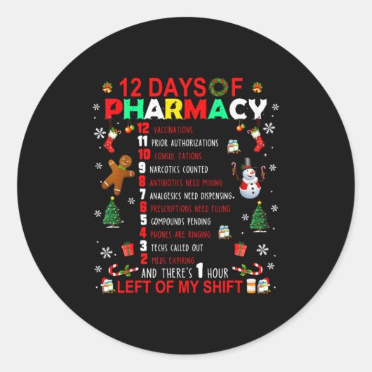 12 Days Of Pharmacy Funny Christmas Pharmacist Tec Ronde Sticker (Voorkant)