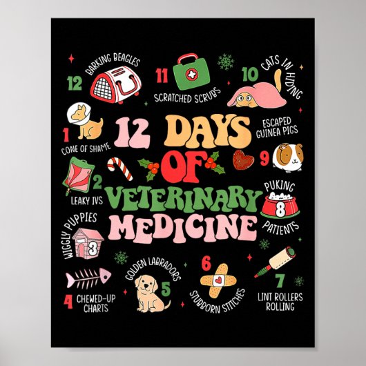 12 Days Of Veterinary Medicine Funny Christmas Vet Poster (Voorkant)