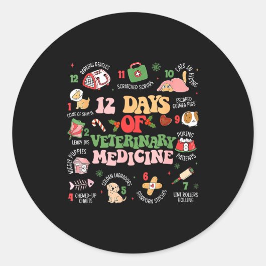 12 Days Of Veterinary Medicine Funny Christmas Vet Ronde Sticker (Voorkant)