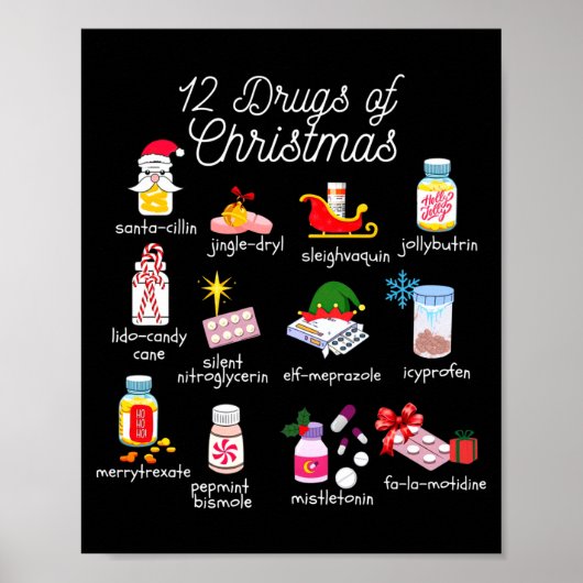 12 Drugs Of Christmas Pharmacist Technician Pharma Poster (Voorkant)