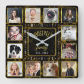 12 Familie Foto Collage Black Gold Marble Aangepas Vierkante Klok (Voorkant)