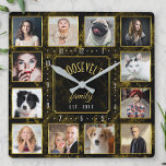 12 Familie Foto Collage Black Gold Marble Aangepas Vierkante Klok<br><div class="desc">Deze gemakkelijke familieklok van de fotocollage heeft een fancy zwart-gouden gemarmerde blik, plus 12 van uw gepersonaliseerde foto's en tekst. Elke foto heeft een lijst goud, plus uw centrumtekst wordt omringd door een geometrisch gouden lijst. De kloknummers zijn zilver. Het ontwerp heeft een klas, Art Deco. Gebruik enkel de gemakkelijke...</div>