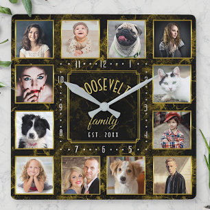 12 Familie Foto Collage Black Gold Marble Aangepas Vierkante Klok