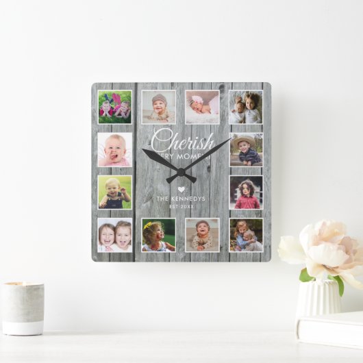 12 Familie Foto Collage Cherish Quote Grijs Hout Vierkante Klok (Huis)