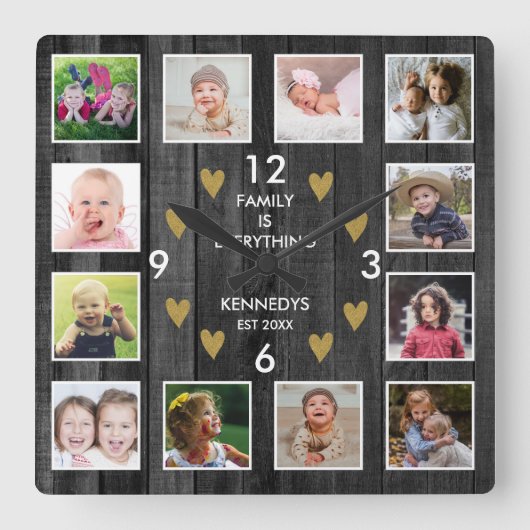 12 Familie Foto Collage Pallet Wood Black Gold Vierkante Klok (Voorkant)
